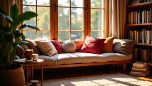 Aménagez un coin lecture chaleureux avec une banquette confortable et des coussins moelleux
