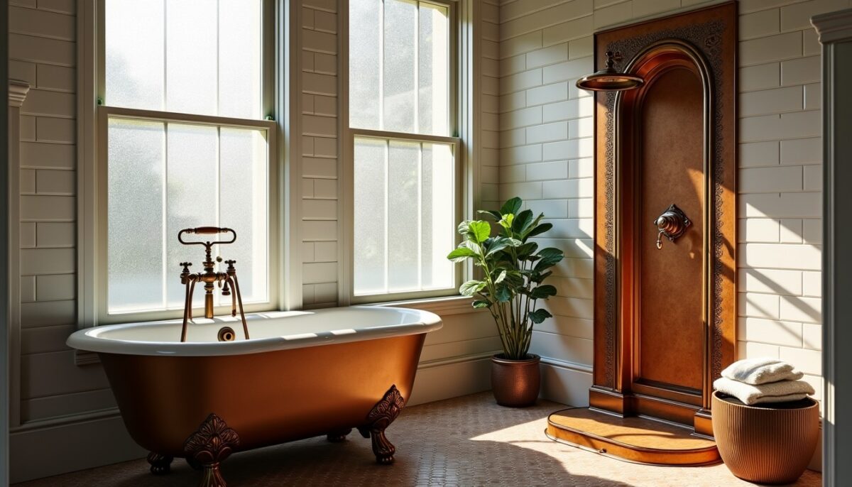 Colonne de douche en bronze et cuivre : astuces pour une salle de bain vintage au charme chaleureux